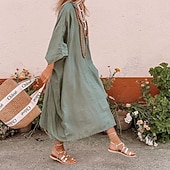 olcso Alapvető műbőr ruhák-Női Midi ruha Műpamut ágynemű Kaftán Modern Napi Szabadtéri Vakáció Laza öltözet Sima Hosszú ujj Állógallér Lóhere Nyár Tavasz