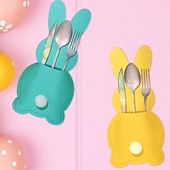 baratos Easter-12pcs Easter Bunny Utensil Cutlery Holders Pouch Bags Felt Silverware Holder Bag Utensil Sleeve for Knife Forks Easter Table Decoration Wedding Birthday Party, Pink Blue Green Yellow