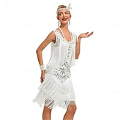 رخيصةأون فساتين عشرينيات القرن العشرين-الهدر 20S عشرينيات طول الركبة فساتين حفلة الزفاف حفل توديع العزوبية بلا أكمام غاتسبي العظيم تشارلستون ضيف حفل الزفاف ترتر مكشكش رقبة سكوب ملابس تنكرية نسائي السنة الجديدة حفلة تنكرية