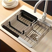 olcso Tárolóállványok-bővíthető rozsdamentes acél mosogató fölé helyezhető edénytartó &amp;Összecsukható csepegtetőkosár konyhai szervező edényekhez, poharakhoz és zöldségekhez, többszintes kialakítás a hatékony mosáshoz és