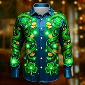  יום סנט פטריק חולצת גברים תלתן תחרה מטבע זהב חולצה חולצת סטן חולצת שמלה ארוכה רטרו וינטג' מסיבת חג קיץ אביב חולצות עם הדפסה תלת ממדית חולצות כפתור כחול