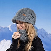 abordables chauffage et refroidissement-Ensemble bonnet et cache-cou en maille pour femme, bonnet thermique doublé polaire avec visière et protection des oreilles, ensemble bonnet et écharpe chauds en maille pour les voyages de ski et