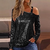 preiswerte Schicke Blusen-Damen Bluse Elegante Oberteile Pailletten-Oberteile Gerafft Pailletten Patchwork Einfarbig Einfach Elegant Vintage Stilvoll Langarm Asymmetrisch Normale Oberteile Täglich Arbeit Ausgehen Blau Schwarz