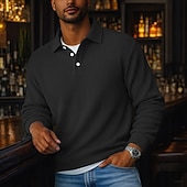 baratos Polo Clássico Masculino-Homens Camiseta de Veludo Textura Casual Esportes Lapela Manga Longa Moda Básico Bloco de cor Botões Estriado Outono Primavera &amp; Outono Outono &amp; inverno Normal Preto Azul Marinha cáqui Cinzento Azul