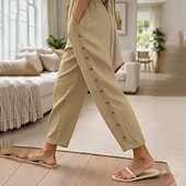 abordables Fondi-Women's Summer Pants 100% Cotton Pants Trousers Vacation Streetwear Casual Full Length Medium Waist Solid Color Drawstring Pocket Side Button Comfortable Breathable Inelastic Daily Outdoor Street