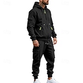 baratos Basic Tracksuits-Men's Hoodie Tracksuit Hoodie &amp; Pants Set Hoodie Daily Outdoor Vacation Daily Wear Drawstring Zip Up Plain Black Navy Blue Khaki Activewear Sports Fashion Fall