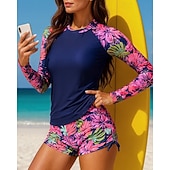 Χαμηλού Κόστους Rash Guards One Pieces-Γυναικεία Προστατευτικά Μαγιό με φλοράλ print Μαγιό Τροπικό Ρυτιδωμένη πλευρά Προστασία UV Ελαστικό Μακρυμάνικο Μαγιό Σέρφινγκ Παραλία Κολύμβηση Καλοκαίρι