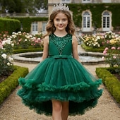 voordelige Bloemenmeisjes Jurken-Bloemenmeisjesjurk, communiejurk, formele jurk voor meisjes, trouwkleding, feestkleding, formele mode voor bruiloften, schattige patchwork, mesh, effen kleur, mouwloos, ronde hals, geel, roze, 4 jaar