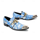 abordables Mocasines de cuero de primera calidad-Mocasines de piel patentada azul y dorada para hombre, elegantes detalles de hebilla, zapatos de vestir para negocios y eventos.