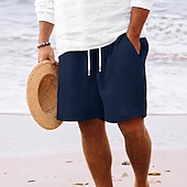 cheap Casual Shorts-Men's Waffle Shorts Summer Shorts Beach Shorts Casual Shorts Drawstring Elastic Waist Solid Color Comfort Knee Length Daily Outdoor Streetwear Vacation Fashion Blue Black Micro-elastic