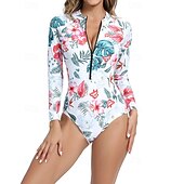 זול רש גארדים One Piece-בגדי ריקוד נשים מגן מפריחה בגד ים עם הדפס פרחוני בגד ים טרופי לרכוס קל במיוחד (UL) הגנת UV אלסטי שרוול ארוך בגדי ים גלישה שנרקול אביב