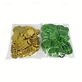 tanie Dzień Świętego Patryka-Złote monety na dzień św. Patryka - 100/200 sztuk złotych zielonych monet na szczęście, plastikowe monety koniczyna skrzat, moneta z 3-listną koniczyną do dekoracji i upominków na imprezę