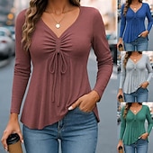 preiswerte Einfarbiges T-Shirt-Damen Bluse Gerafft Kordelzug Einfarbig Stilvoll Lässig Langarm V Ausschnitt Normale Oberteile Täglich Blau Rote Grün Hellgrau Frühling Herbst