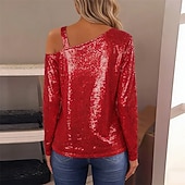 preiswerte Schicke Blusen-Damen Bluse Elegante Oberteile Pailletten-Oberteile Gerafft Pailletten Patchwork Einfarbig Einfach Elegant Vintage Stilvoll Langarm Asymmetrisch Normale Oberteile Täglich Arbeit Ausgehen Blau Schwarz