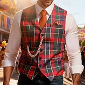 billiga Herrväst-Herr Väst Gilet Utomhus Karnival Formell Mode Streetwear Vår Höst Knappar Polyester Mateial som andas Rutig Enkelknäppt V-hals Skräddarsydd passform Rubinrött Väst