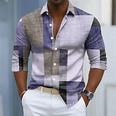 levne Geometriské vzory-Pánské Geometrický Barevné bloky Slátanina Košile Košile na knoflíky Dlouhý rukáv Móda pro volný čas Venkovní Na den Jaro Podzim Přehnutý 3D tisk košile s límečkem Vodní modrá Fialová Trávová zelen