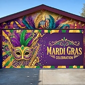 baratos Banners de Garagem e Porta-Carnaval Tampa da porta da garagem Grande pendurado Máscara Pena Luxo 3D De Festa Exterior Fundos de fotografia Porta de Entrada Baile de Máscara Decoração de casa