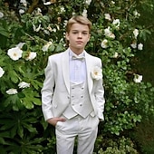 preiswerte Ringträger Anzüge &amp; Outfits-5-teiliger Ringträgeranzug für Jungen und Kinder (Sakko) &amp;Weste &amp; Hose  &amp; Hemd  &amp;Krawatte, Jungenanzug, lässig, für Outdoor-Partys, modisch, cool, Basic, einfarbig, Taschenknöpfe, weiß, Polyester
