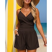 Недорогие Рашгард One Pieces-Жен. Купальный костюм Один Пис Купальник с высокой талией и сборками Однотонный Эластичный Без рукавов Купальники Серфинг Для погружения с трубкой Плавание Лето