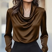 tanie Eleganckie bluzki-Damskie Koszula Elegancki Top satynowy Bluzka Z marszczeniami Niejednolita całość W fałdki Jednokolorowe Równina Elegancja Zabytkowe damska Długi rękaw Wysoki Zwykłe topy Codzienny Praca Święto