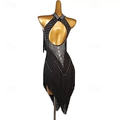 Χαμηλού Κόστους αγωνιστικό φόρεμα-Κομψό μαύρο γυναικείο φόρεμα λάτιν χορού - ψεύτικο ντεκολτέ με τιράντες και λεπτομέρειες από στρας, κρόσσια &amp;ασύμμετρο στρίφωμα rumba salsa cha-cha φόρεμα