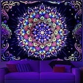 halpa Blacklight -kuvakudokset-mustavaloinen mandala-gobeliini, uv-reaktiivinen psykedeelinen neongobeliini, hippi-intialainen boheemi seinävaate, esteettiset kukkakuvioiset seinävaatteet makuuhuoneeseen