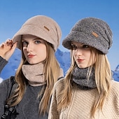 abordables chauffage et refroidissement-Ensemble bonnet et cache-cou en maille pour femme, bonnet thermique doublé polaire avec visière et protection des oreilles, ensemble bonnet et écharpe chauds en maille pour les voyages de ski et