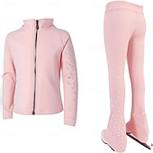preiswerte Eiskunstlauf Trainingsoutfit-Eiskunstlaufjacke mit Hose, Damen- und Mädchen-Eiskunstlaufbekleidung, schwarz, dehnbar, Trainings- und Wettkampfbekleidung, wärmend, mit Kristall-/Strasssteinen besetzt, langärmlig, Eiskunstlauf