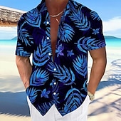 abordables Plantes tropicales-Homme Feuille Plantes Tropicales Lueur néon Chemise hawaïenne Chemise Boutonnée Chemise Aloha Manche Courte Hawaïen Vacances Tenue de plage Été Printemps Col Rabattu Impression 3D chemises à col Bleu