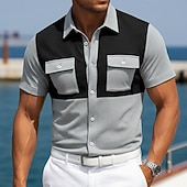 cheap Men's Work Shirts-Men's Shirt Waffle Shirt Texture Casual Shirt Button Up Shirt Black Burgundy Military Green Gray Short Sleeve Plain Shirt Collar Casual Daily Front Pocket Clothing Apparel Elegant Fashion Casual