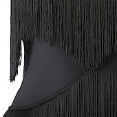 baratos vestido de competição-preto feminino &amp;Vestido de dança latina com franjas douradas - decote halter bicolor para rumba, salsa, cha-cha e dança de salão.