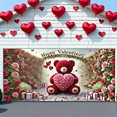 billige Garasjeportdeksler-Garasjeportdeksel til valentinsdag, 2D-flattrykk av rød bjørn som holder roser og hjerte, rosevegg, hvit gaveeske med rødt bånd, perfekt juledekor til garasje, butikklokale eller hjem