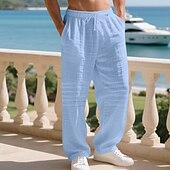 cheap Holiday-Men's Linen Pants Trousers Summer Pants Baggy Pants Beach Pants Drawstring Elastic Waist Solid Color Comfort Breathable Daily Outdoor Beach Vacation Fashion Light Khaki Black Inelastic