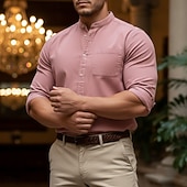 abordables camisas casuales de los hombres-Hombre Camisa Camisa casual Camisa con cuello mao Rosa Azul Marino Gris Manga Larga Plano Collar mandarín Casual Exterior Bolsillo Ropa Poliéster Neutral Moda Diario Casual