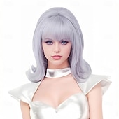 cheap Historical Wigs-Vintage Short Wavy White Silver Wig with Bang Retro Bouffant Beehive Wigs fits 80s Costume or Halloween Party