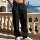 cheap Holiday-Men's Linen Pants Trousers Summer Pants Baggy Pants Beach Pants Drawstring Elastic Waist Solid Color Comfort Breathable Daily Outdoor Beach Vacation Fashion Light Khaki Black Inelastic