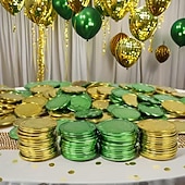 tanie Dzień Świętego Patryka-Złote monety na dzień św. Patryka - 100/200 sztuk złotych zielonych monet na szczęście, plastikowe monety koniczyna skrzat, moneta z 3-listną koniczyną do dekoracji i upominków na imprezę