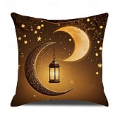 cheap Throw Pillows,Inserts &amp; Covers-Ramadan Eid Throw Pillow Cover, Gold Print Lantern &amp; Oil Lamp, Middle Eastern Festival Decor, Sofa Cushion for Living Room and Prayer Room, Seat Pillow