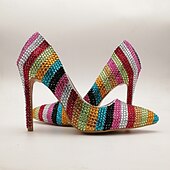 cheap Classic Pumps-Women's Multicolor Rhinestone High Heels - Sparkling Striped Pointed Toe Pumps for Parties, Celebrations, and Special Events