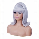 cheap Historical Wigs-Vintage Short Wavy White Silver Wig with Bang Retro Bouffant Beehive Wigs fits 80s Costume or Halloween Party