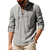 Недорогие Классический-Муж. Рубашка Льняная рубашка Стиль Викингов Летняя рубашка Одежда для пляжа Рубашка с воротником-стойкой Сплошной цвет Повседневные Отпуск Черный Белый Зеленый Цвет хаки Длинный рукав