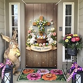 cheap Door Covers-Easter Cross Door Cover, Bunny Basket of Eggs with "Happy Easter" Greeting, Charming Holiday Decoration for Spring, Perfect for Easter Door and Outdoor Decor