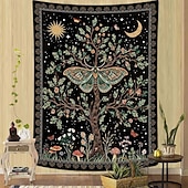 olcso Faliszőnyegek-vintage luna moly fali kárpit misztikus természet életfa holdfázisokkal csillagok vadvirág gomba esztétikus dekoráció hálószobába, kollégiumi szobába