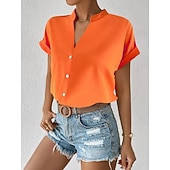  Dames Blouse Knop Effen Elegant Dagelijks Stijlvol Korte mouw V-hals Normale tops Dagelijks blauw Zwart Blozend Roze Oranje Groen Zomer Lente