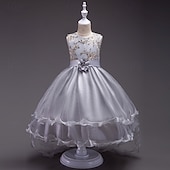 abordables Robes de Fille de Fleurs-Robe de Demoiselle d'Honneur Fille Fille Robe de soirée Tenue de mariage Soirée Mariage Formel Élégant Mode Beau Maille Fleuri Sans manches Col Rond Gris bleu marine 4 ans et +