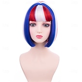  Peruca Azul Vermelha e Branca com Franja para Mulheres e Meninas Peruca Bob Curta do 4 de Julho Festa Peruca Sintética Resistência ao Calor