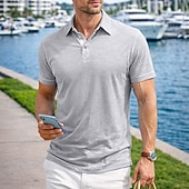 baratos Polo Clássico Masculino-Camisa polo masculina de algodão e bambu, estilo polo, casual, para trabalho, com gola polo e lapela, manga curta, básica, moderna, cor sólida, patchwork e botões, ideal para verão e primavera. &amp;polo