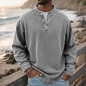 abordables camisetas basicas-SoftFade™ Camiseta para Hombre Henley 100% Algodón Camisa Lavado Ácido T Shirt Tee de Manga Larga Color Sólido Sencillo Vintage Streetwear Casual Prenda Teñida Sencilla Lavada Cuello Alto Henley