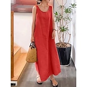 abordables Robes-Femmes Robe Maxi Robes effet lin Robe fourreau Robe Décontractée Mode Basique Moderne Quotidien Vacances Sortir Coupe Ample Uni Sans manches Col en U Jaune Rose Claire Rouge bleu marine Été Printemps