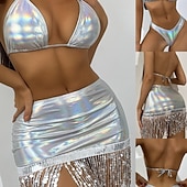 abordables Hauts &amp; Ensembles-Ensemble de bikini scintillant et jupe à franges à sequins Samba Dancewear Costume de performance